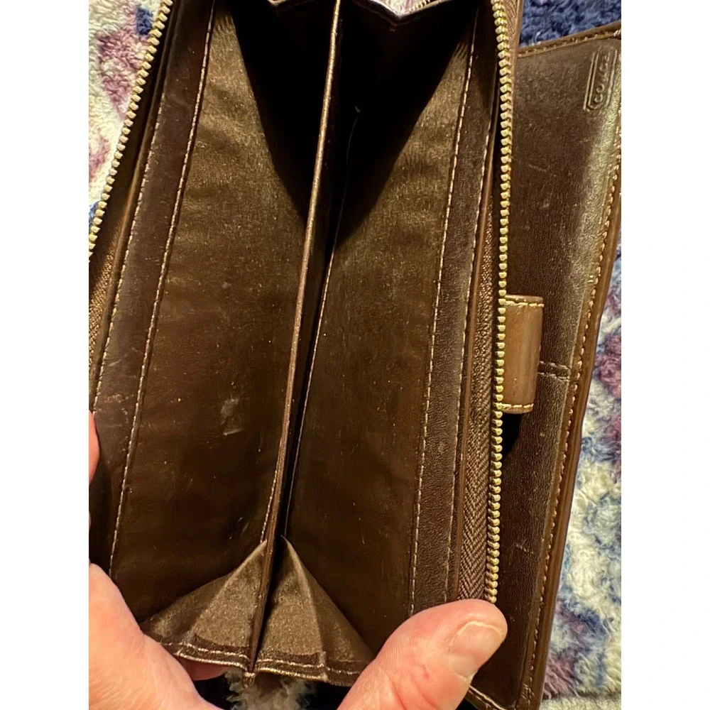 Coach Signature Monogram Bifold Wallet Brown Tan Canvas Leather Zip Accordion‎
